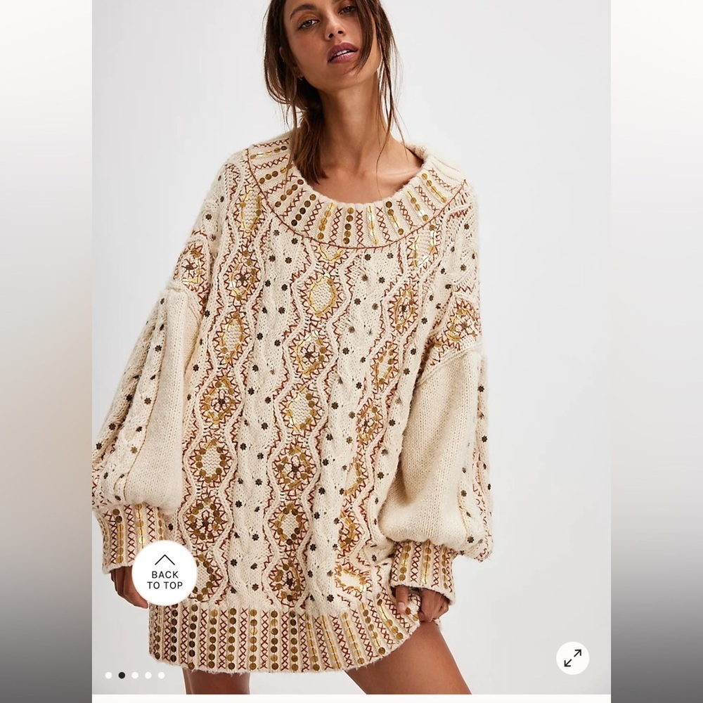 Free People Guilded Cream And Gold Embroidered Sweater